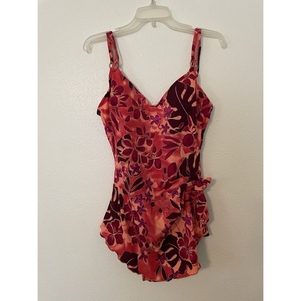 Le Cove Sz 12 Large Swimsuit One Pc. Red Tropical Leaves Slimming Cruise S
